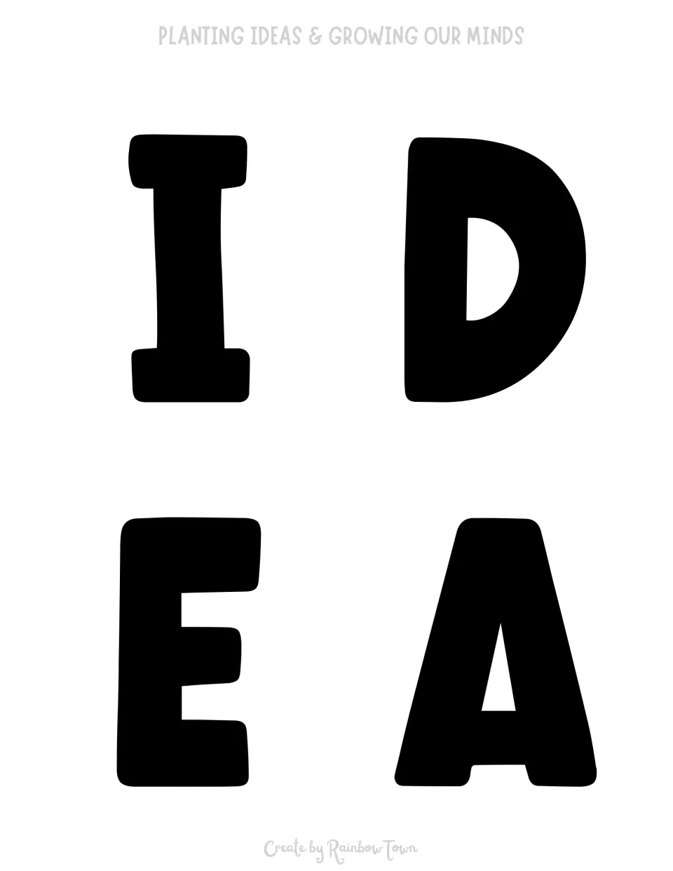 Cut-out pieces I, D, E and A in thick black block letters, the first four letters of Ideas in the display phrase