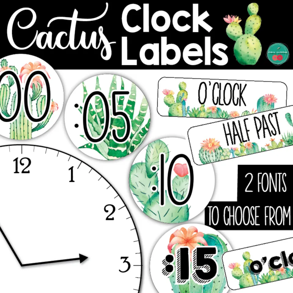 Cactus Clock Labels cover showing sample minute and time phrase labels and a choice of two fonts