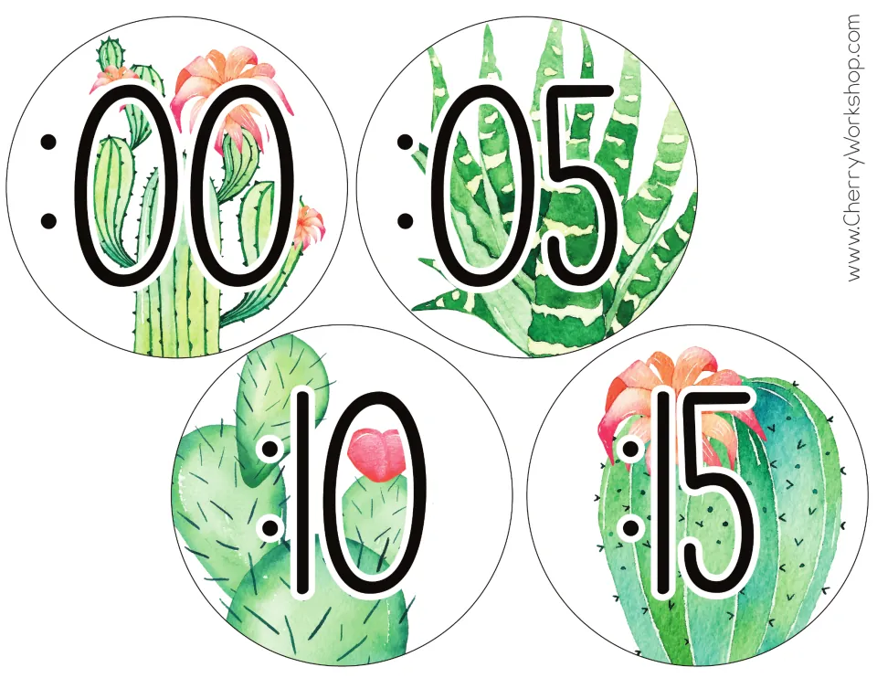 First sheet of clock minute labels in the tall font: :00, :05, :10, and :15 for the classroom clock display