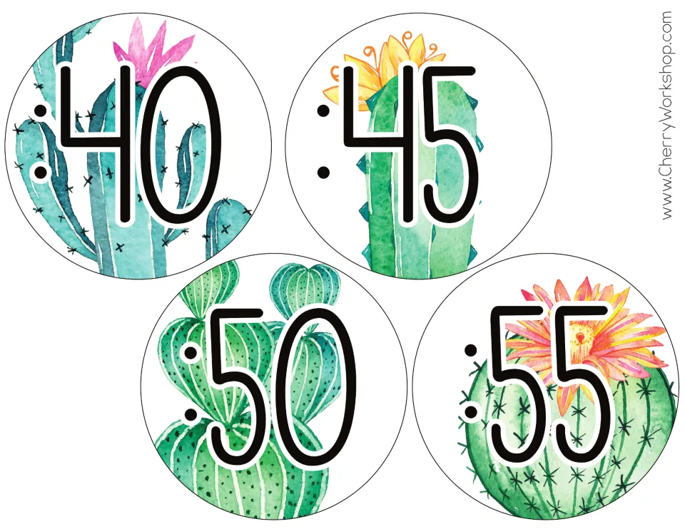 Third sheet of clock minute labels in the tall font: :40, :45, :50, and :55 for the classroom clock display