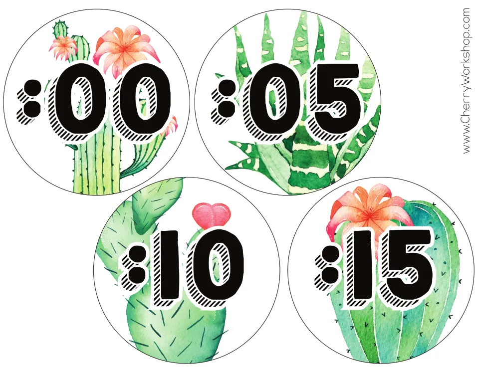 First sheet of clock minute labels in the bold font: :00, :05, :10, and :15 for the classroom clock display