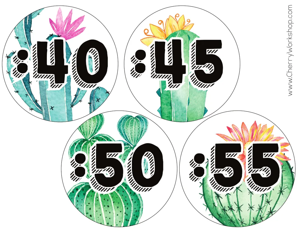 Third sheet of clock minute labels in the bold font: :40, :45, :50, and :55 for the classroom clock display
