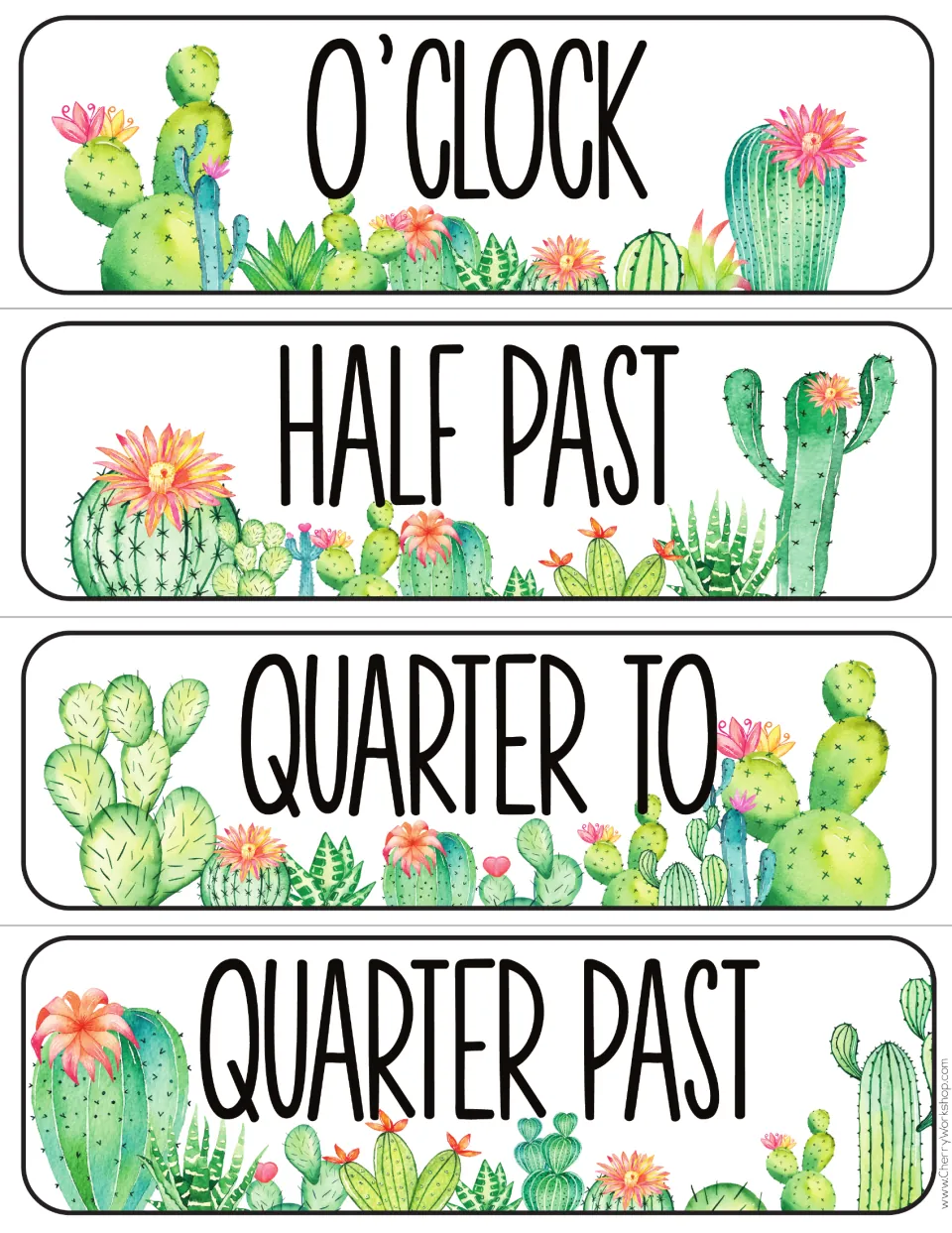 Four clock time phrase labels in the tall font: O’CLOCK, HALF PAST, QUARTER TO, and QUARTER PAST