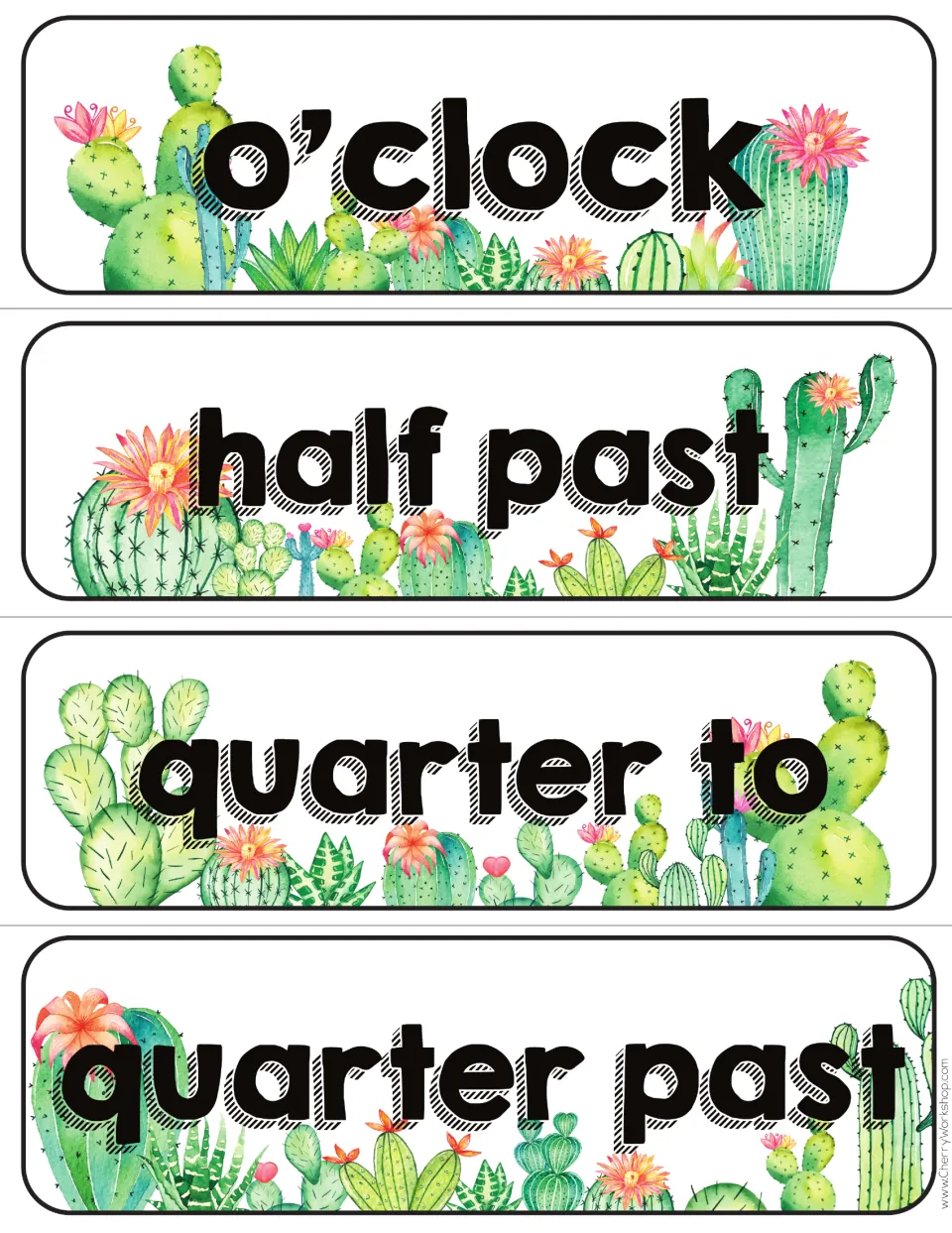 Four clock time phrase labels in the bold font: o’clock, half past, quarter to, and quarter past
