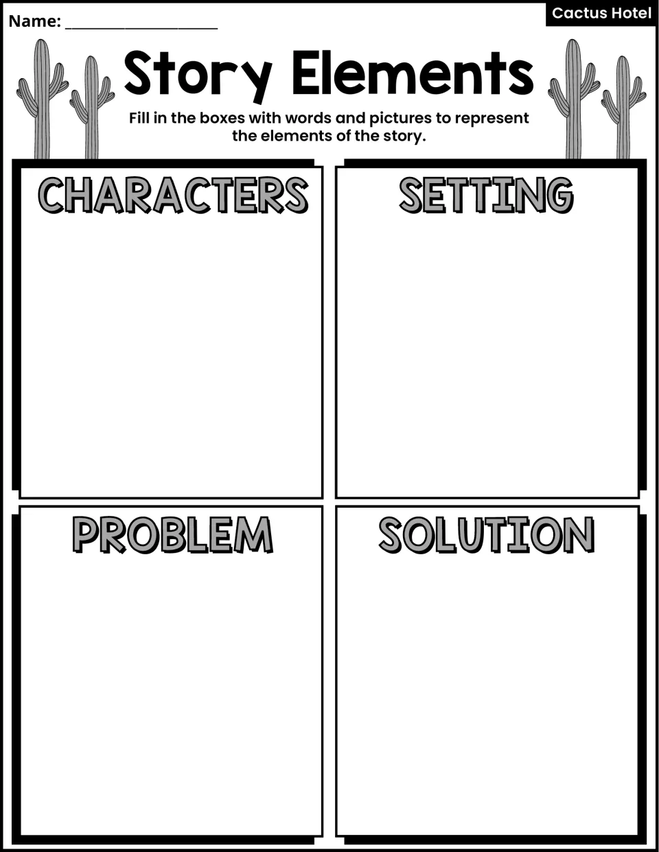 Story Elements organizer: students use words and pictures to record the characters, setting, problem and solution