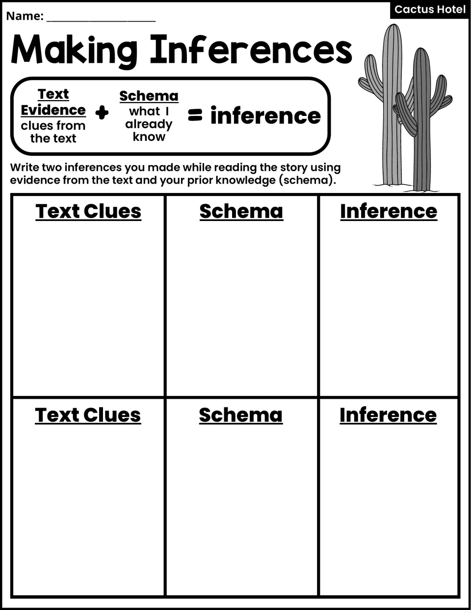 Making Inferences: text evidence plus schema equals inference; students record text clues, schema and an inference twice