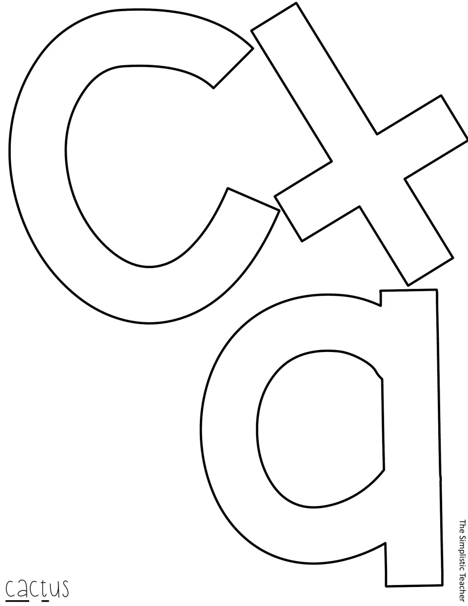 Blank outline letters c, a and t to cut out for the word 'cactus', ready to color before cutting