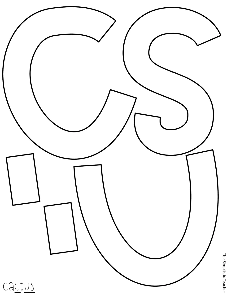 Blank outline letters c, s and u plus two quote-mark pieces to cut out, finishing the word 'cactus' on the display