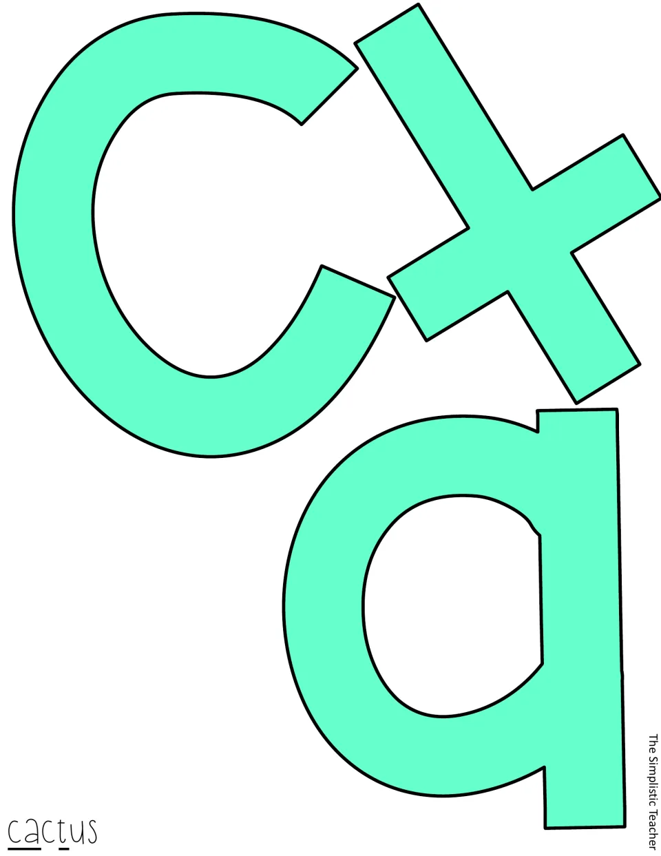 Mint green filled letters c, a and t to cut out for 'cactus', a color version of the matching outline sheet