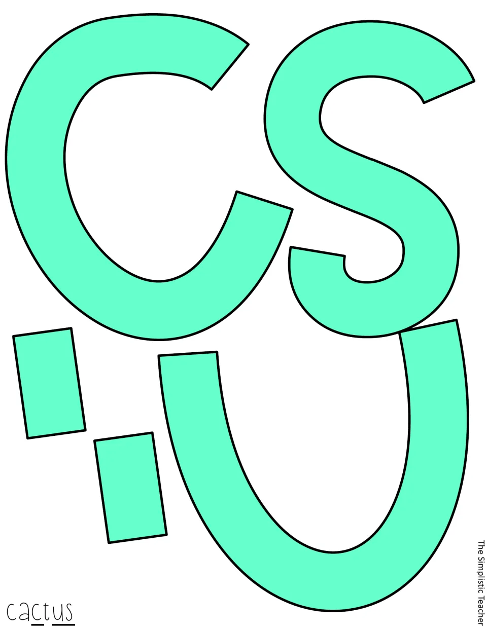 Mint green filled letters c, s and u with two quote-mark pieces to cut out, completing the colored word 'cactus'