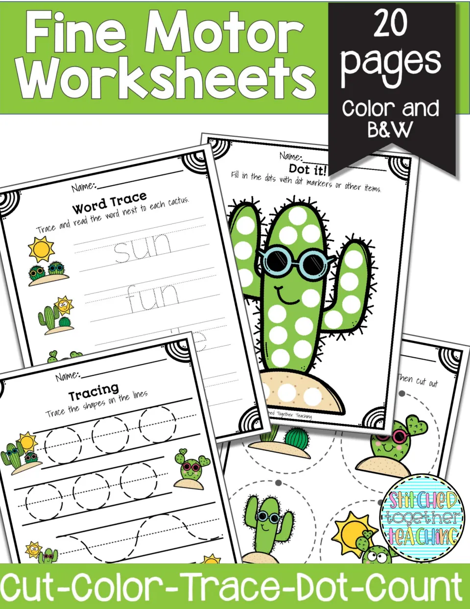 Fine Motor Worksheets cover: 20 cactus pages in color and B&W to cut, color, trace, dot and count