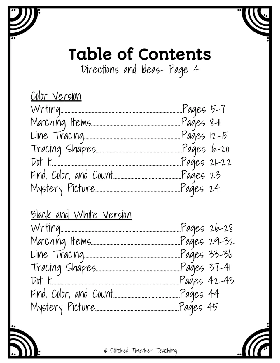 Table of contents: writing, matching, line tracing, tracing shapes, Dot It, find and count, and mystery picture sections