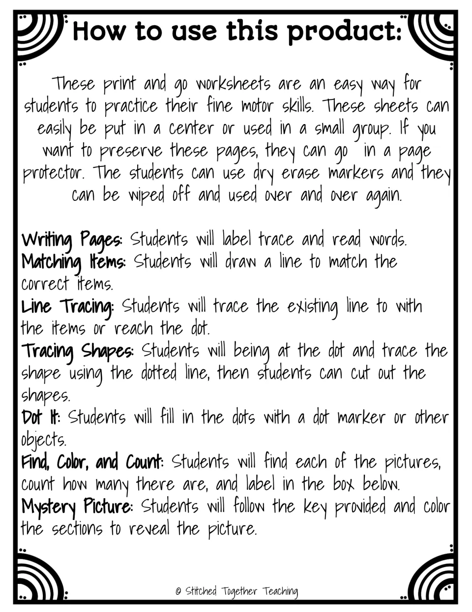 How to use this product: center or small-group ideas, dry erase reuse tip, and directions for each fine motor activity type