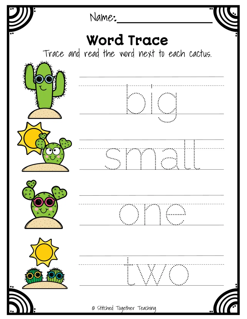 Word Trace: students trace and read big, small, one and two in dotted letters next to cactus pictures for handwriting