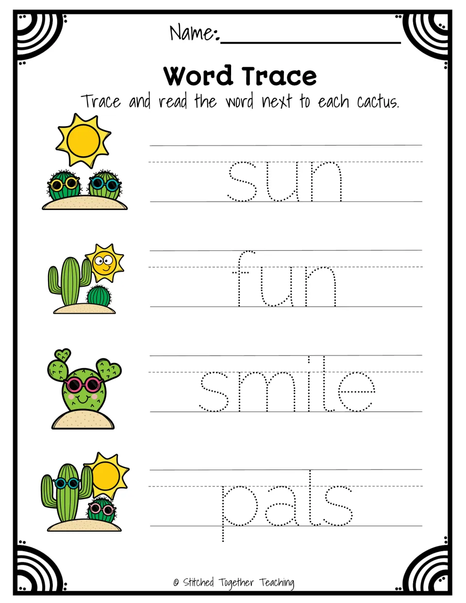 Word Trace: students trace and read sun, fun, smile and pals in dotted letters beside cactus and sun pictures