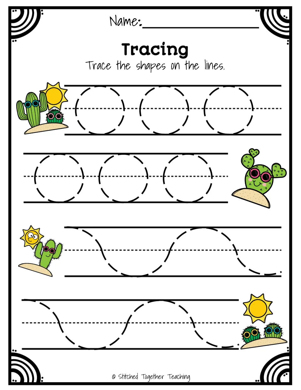 Tracing: students trace two rows of dashed circles and two wavy dashed lines, with sun and cactus pictures
