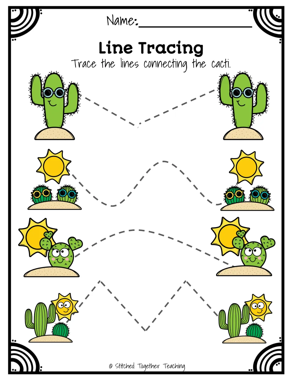 Line Tracing: students trace dashed zigzag and curved paths connecting four pairs of matching cactus pictures