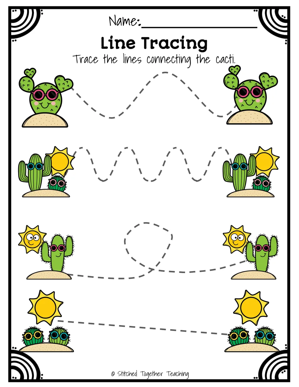 Line Tracing: students follow wavy, looped and straight dashed paths to connect four pairs of identical cactus pictures