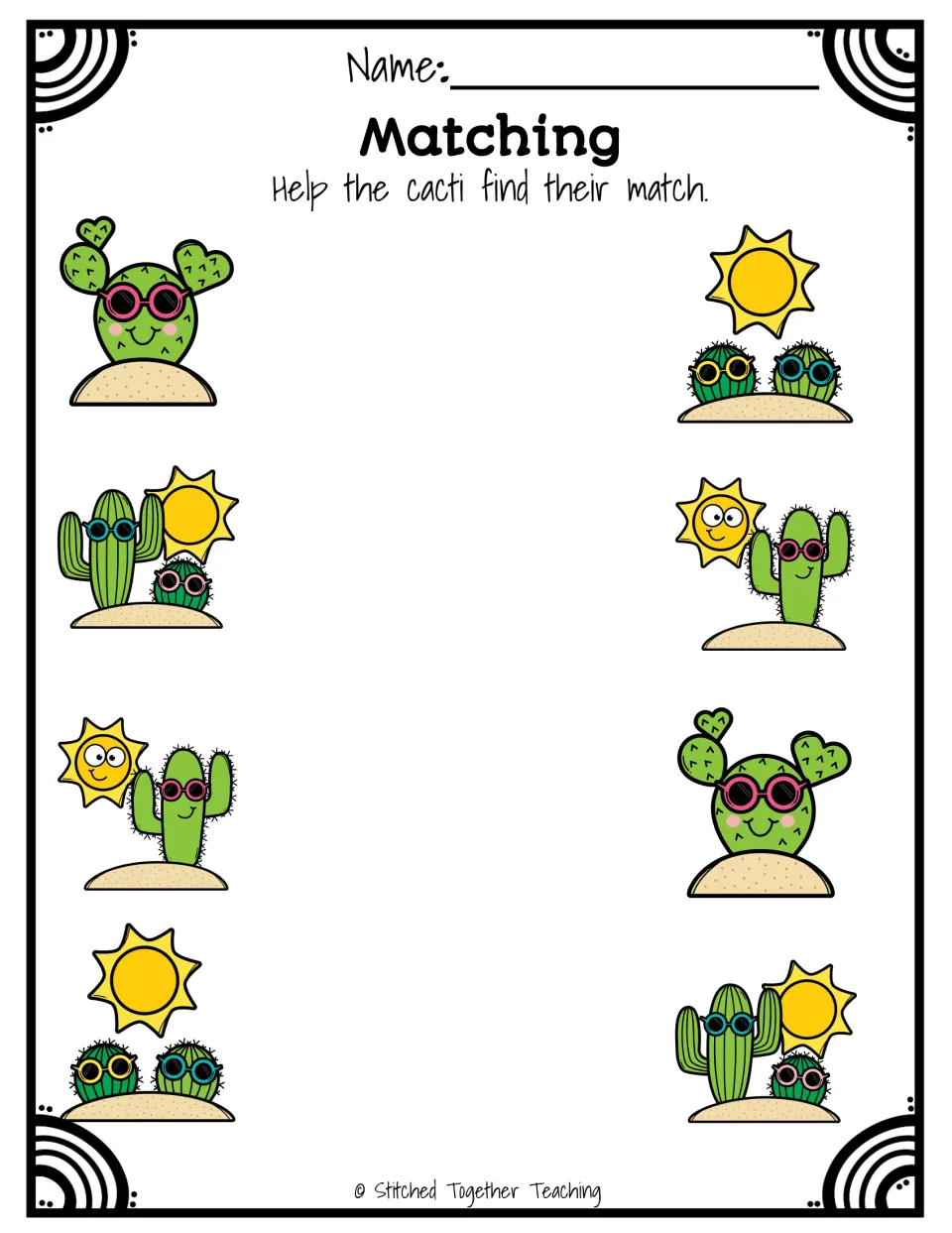 Matching: students draw a line from each of four cactus pictures on the left to its identical picture on the right