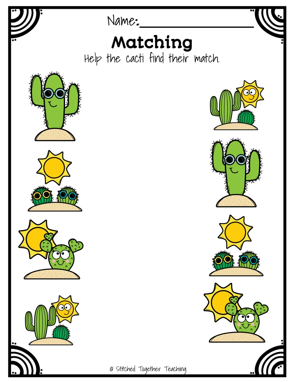 Matching: students find the twin of each tall cactus, prickly pear or sun scene and draw a line to connect the pair