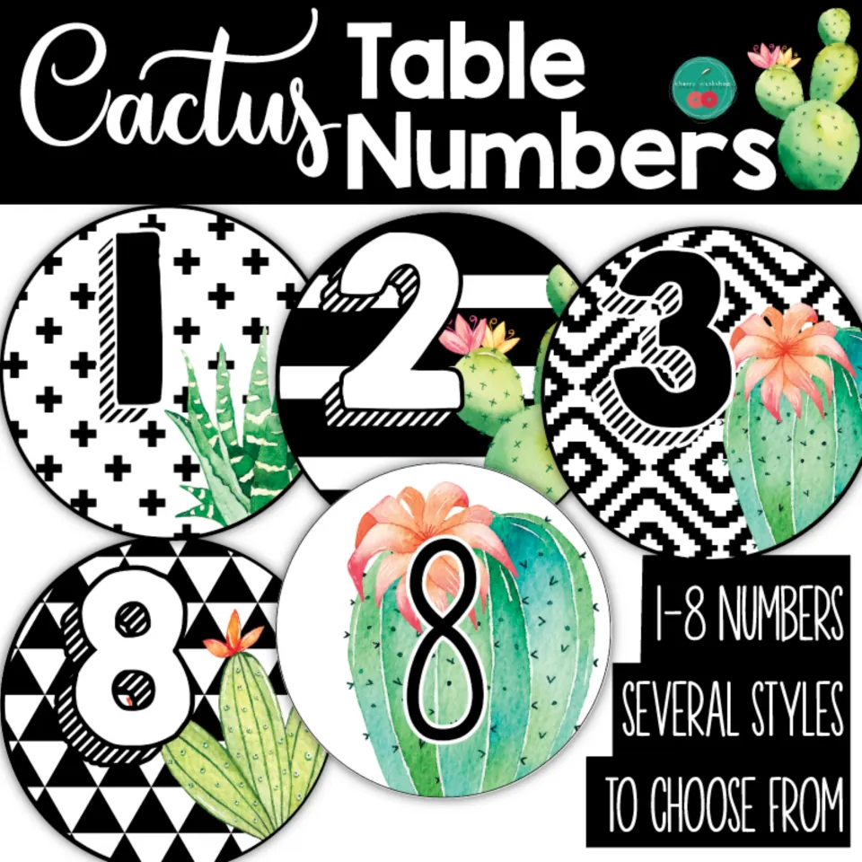 Cactus Table Numbers cover showing sample number cards 1, 2, 3, and 8 and noting several design choices