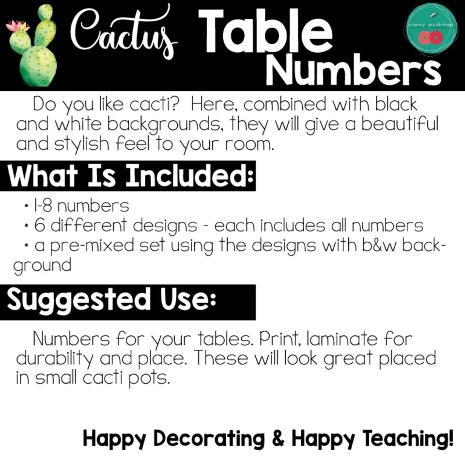 Resource guide listing numbers 1–8 in six designs, a premixed set, and directions to print and laminate