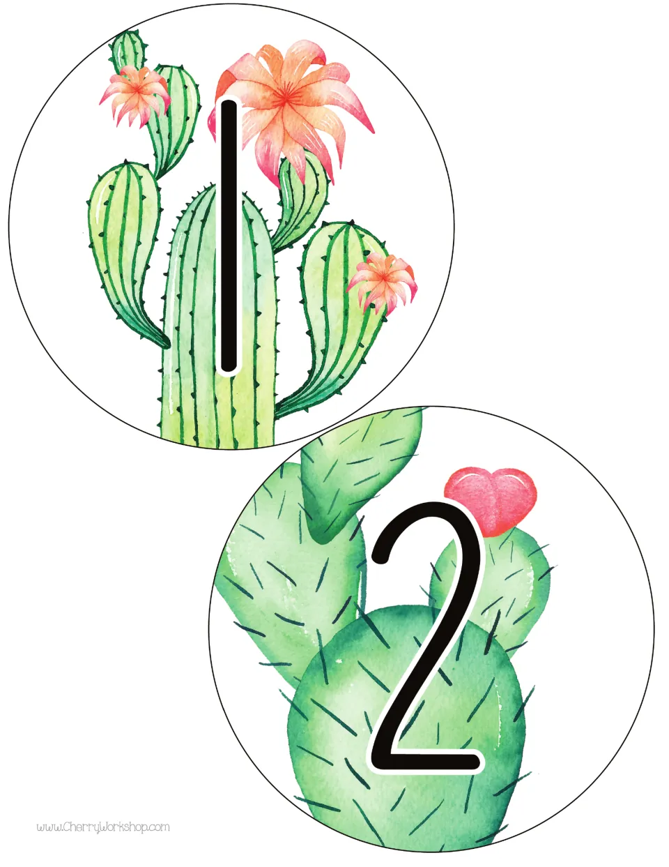Table number cards 1 and 2 from the first design in the set, printed two per sheet for classroom tables