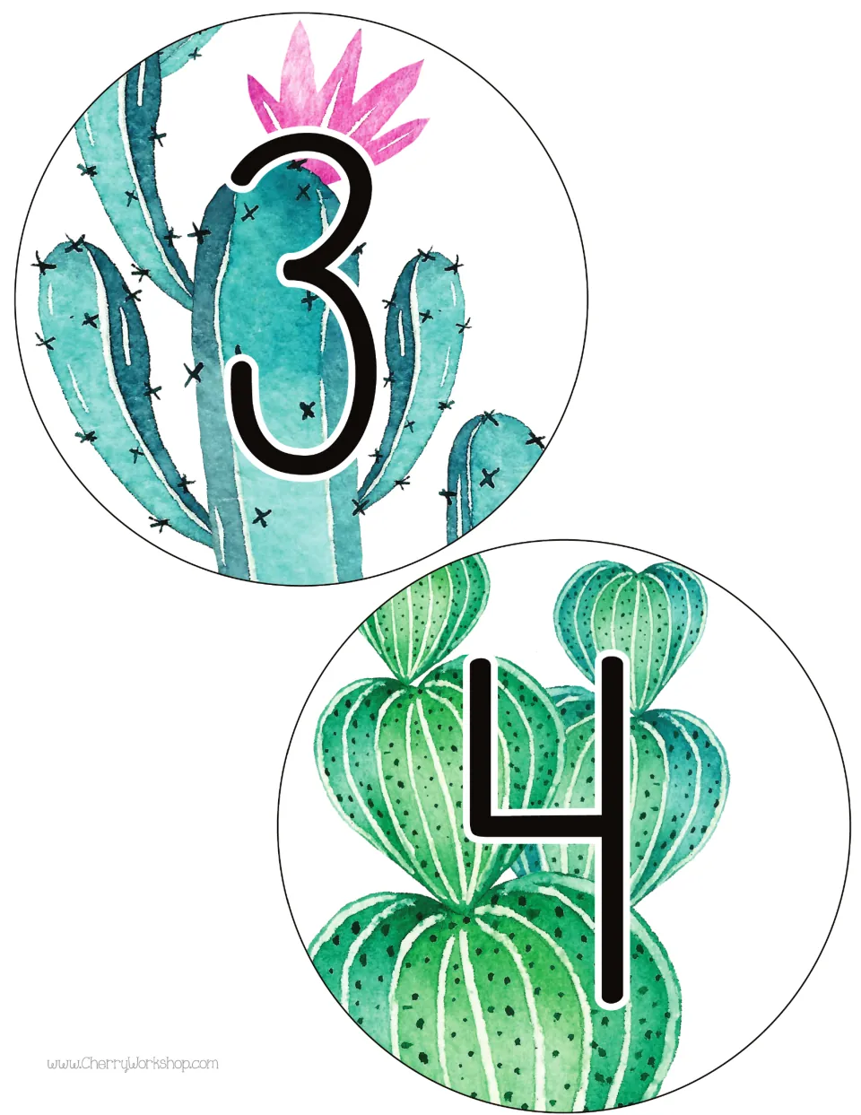 Table number cards 3 and 4 continue the first design, printed two per sheet to label classroom tables