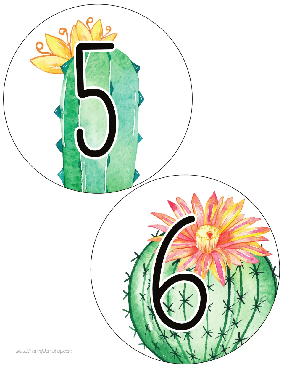 Table number cards 5 and 6 continue the first design in the resource, with two printable cards per sheet