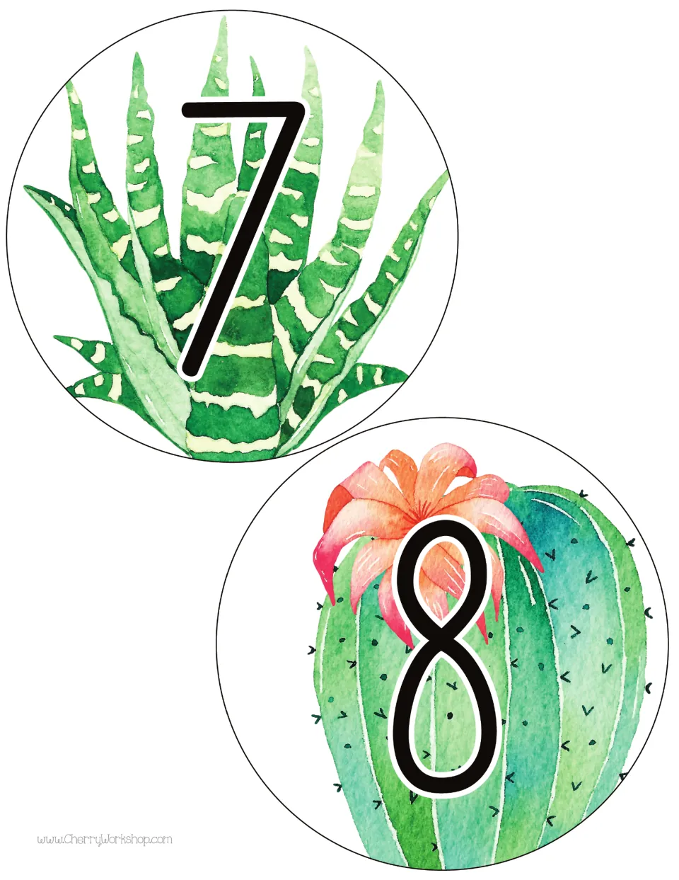Table number cards 7 and 8 complete the first design's sequence of eight numbers, printed two per sheet