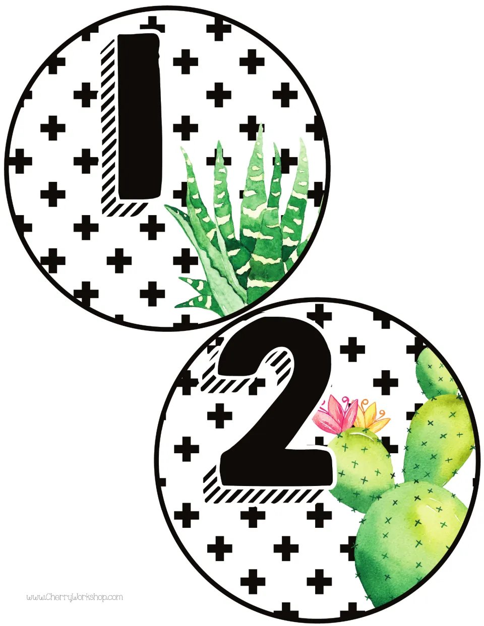 Table number cards 1 and 2 begin the second design's sequence, with two printable cards for classroom tables