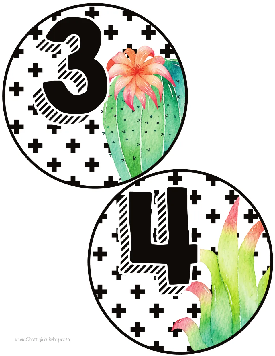 Table number cards 3 and 4 continue the second design in the resource, printed two per sheet for tables