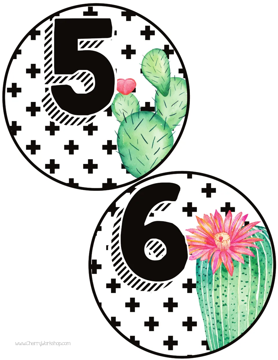 Table number cards 5 and 6 continue the second design's sequence, with two cards to print for table labels