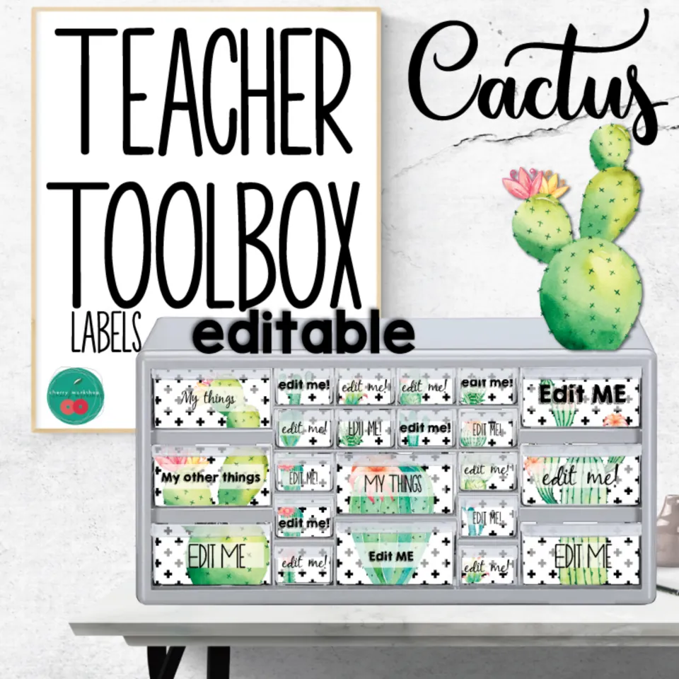 Cactus Teacher Toolbox editable labels cover: drawer organizer with cactus labels reading edit me and My things