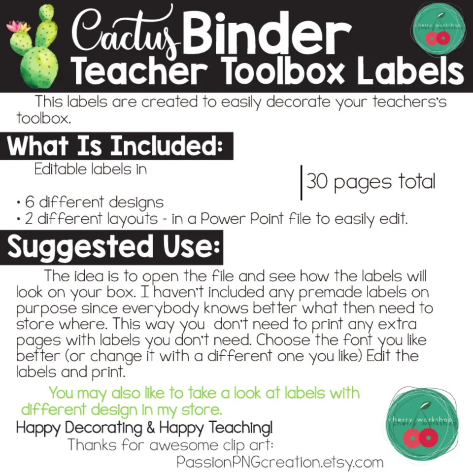 Cactus binder labels overview: 6 designs in 2 layouts in a PowerPoint file, 30 pages, with steps to edit labels and print