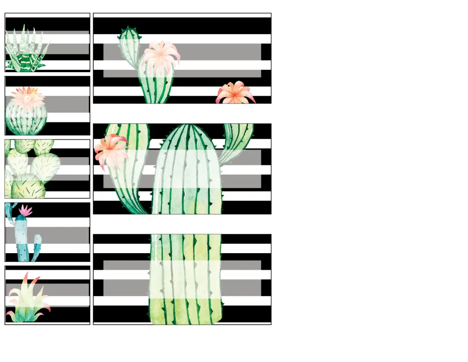 Second sheet of striped blank cactus labels: five small and three wide labels that together show one tall cactus