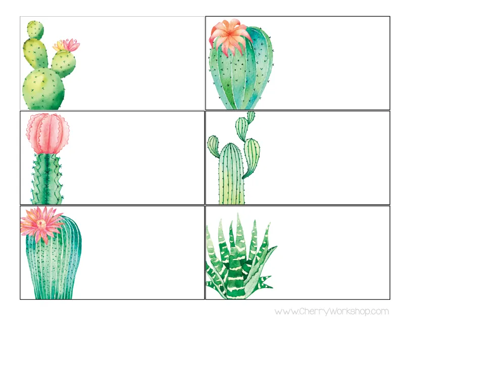 Six separate blank labels on white, each with one watercolor cactus or succulent at left and open space to write on