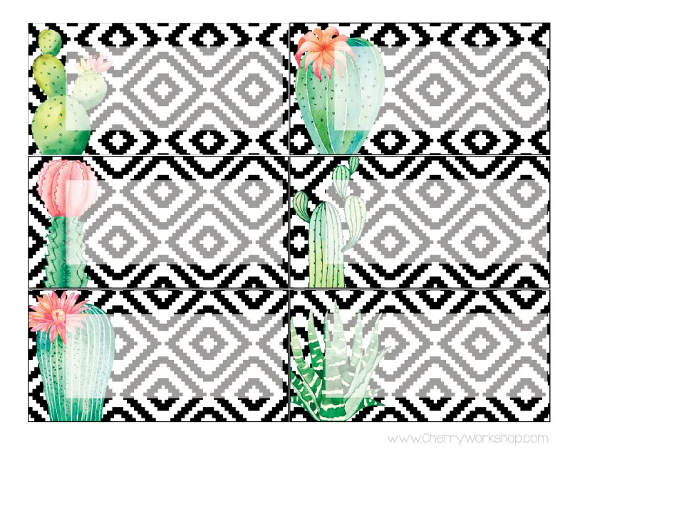 Six separate blank labels with black and gray diamond pattern behind watercolor cacti, ready to edit with your words
