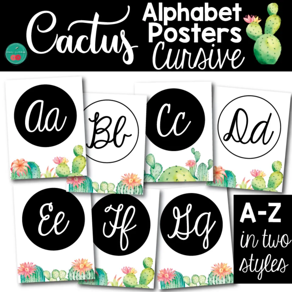 Cover for cactus cursive alphabet posters: sample Aa to Gg cards with watercolor cacti, labeled A-Z in two styles