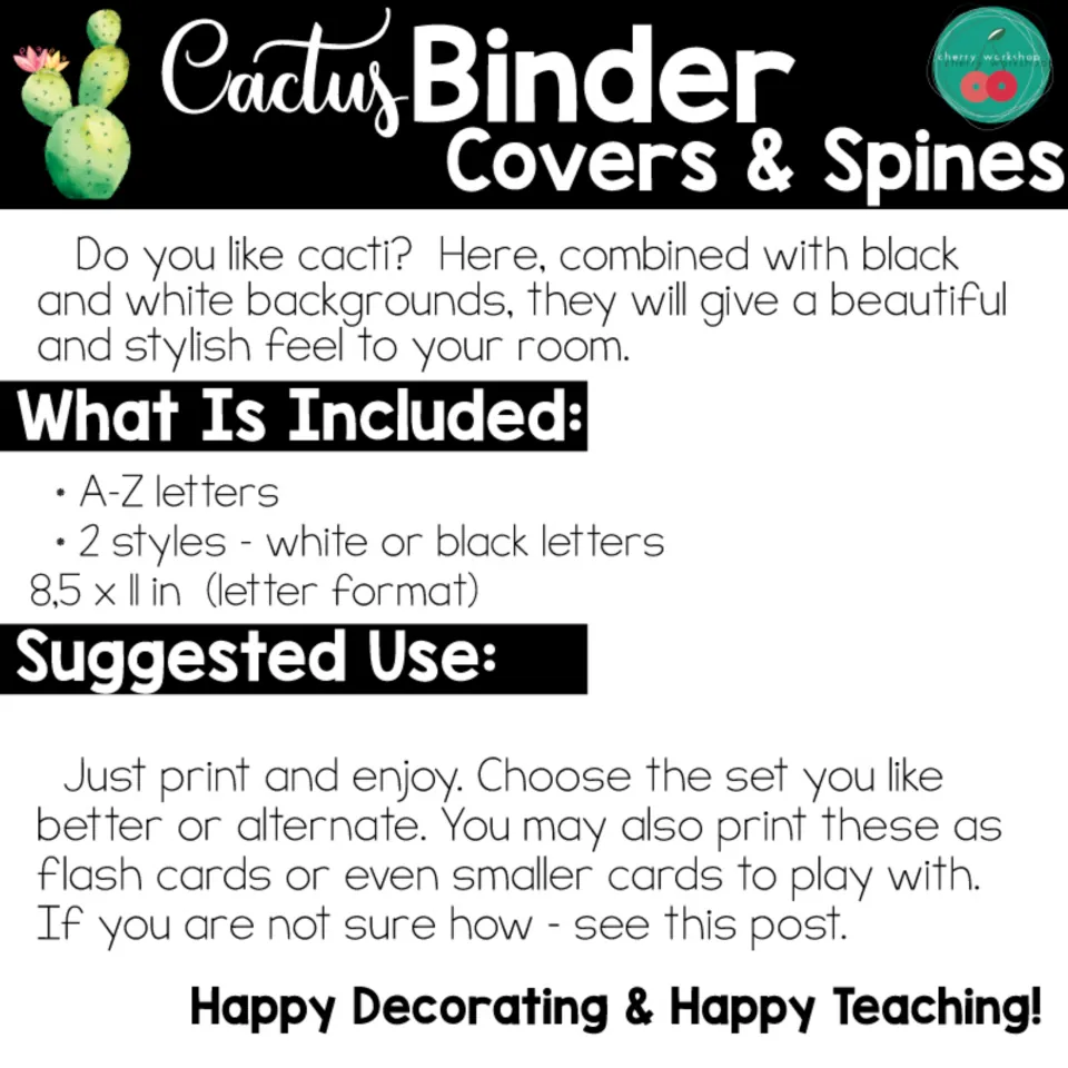 Product notes: lists A-Z letters in white or black styles at 8.5 x 11 in, with tips to print as posters or flash cards