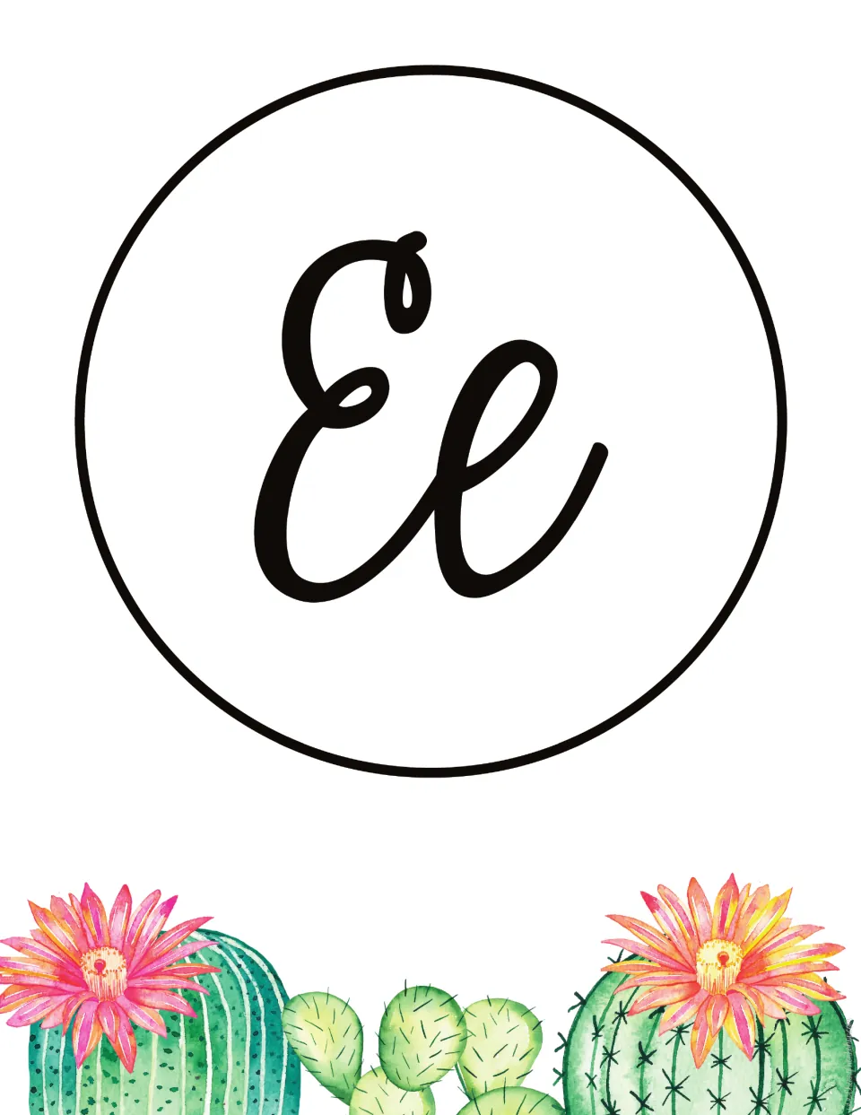 Letter E poster: black cursive Ee showing looped capital and lowercase e for letter recognition, over pink-flowered cacti