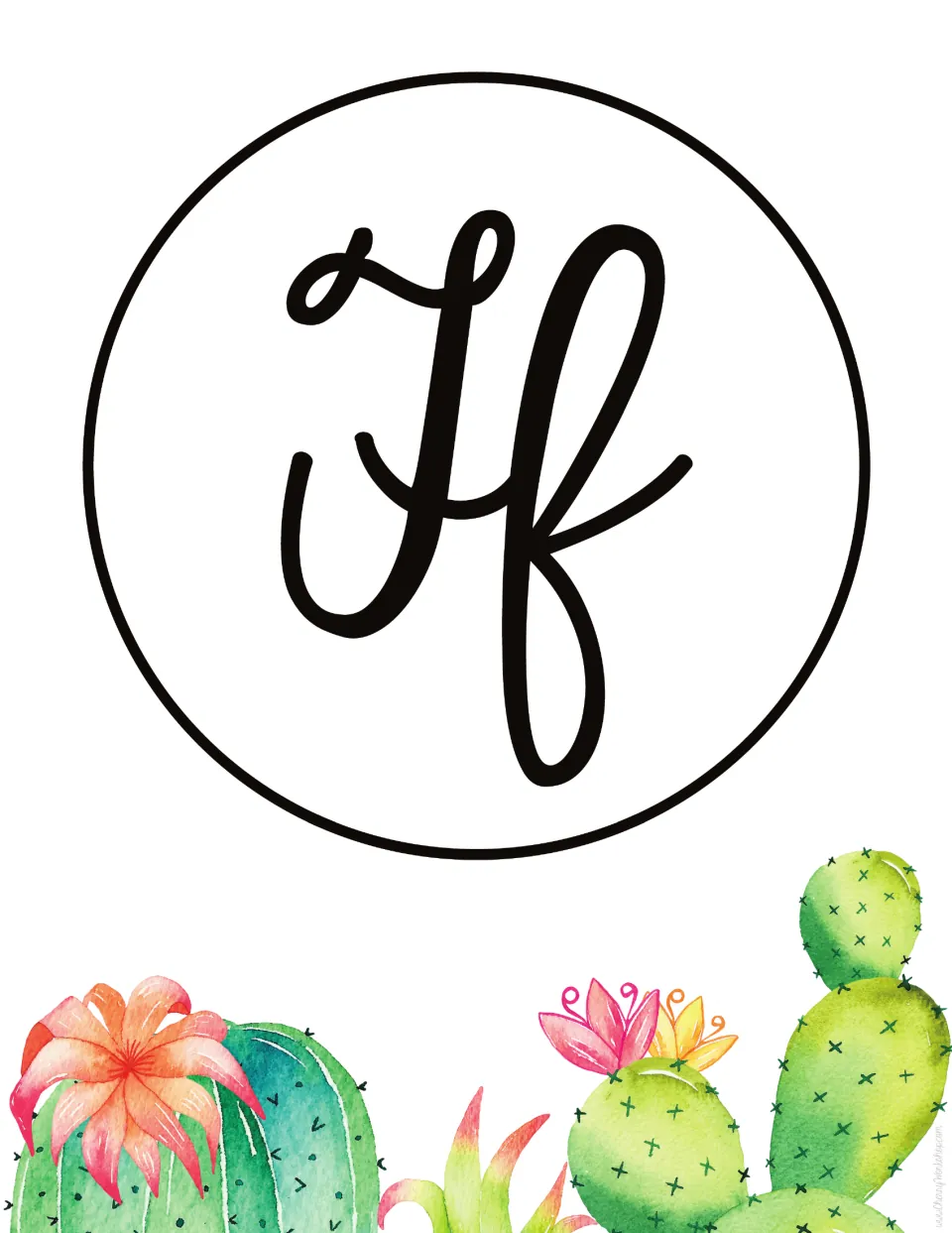 Letter F poster: black cursive Ff with the lowercase f looping below the line, shown for letter recognition above cacti