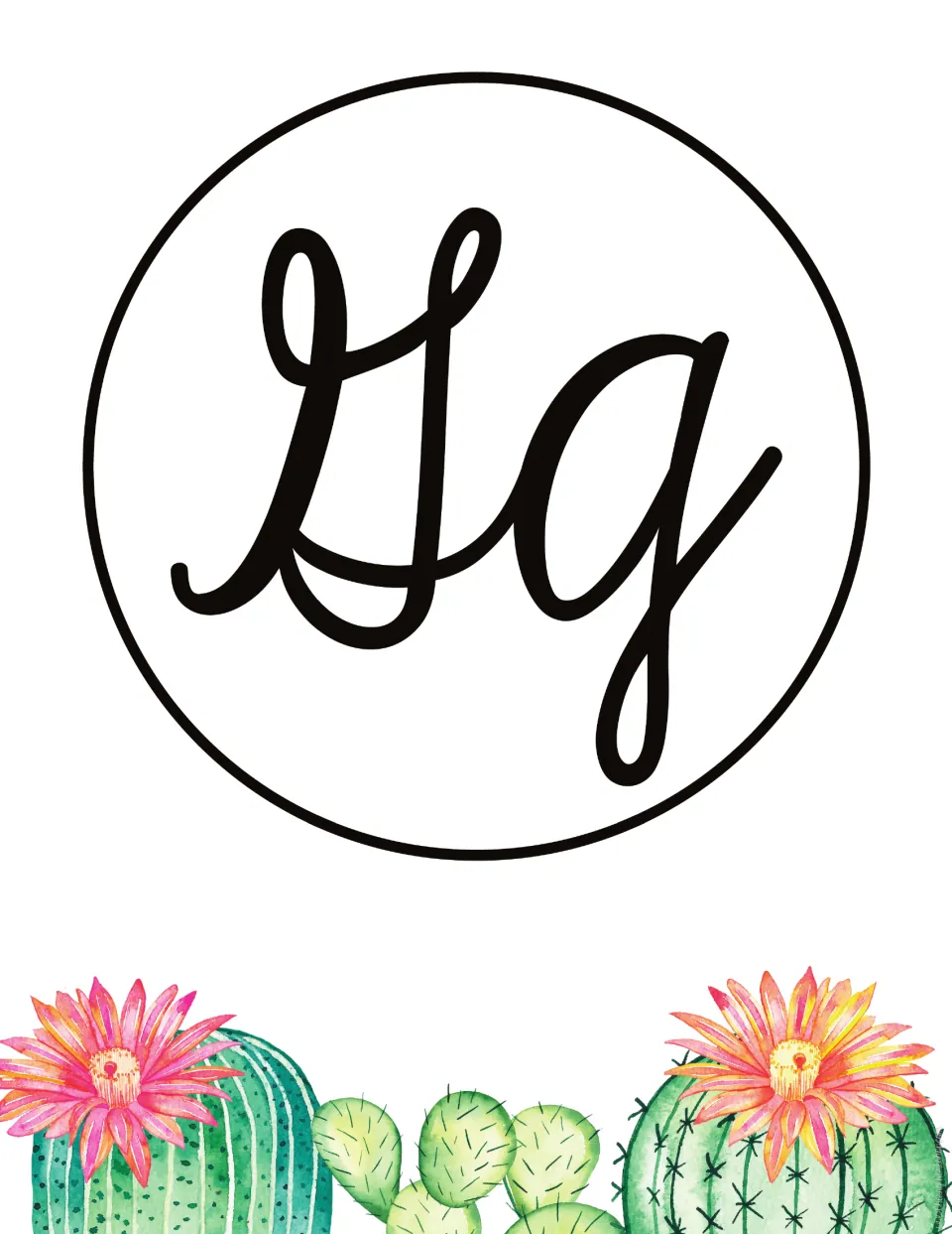 Letter G poster: cursive capital G and lowercase g in black, with the g tail dropping below, for recognition over cacti