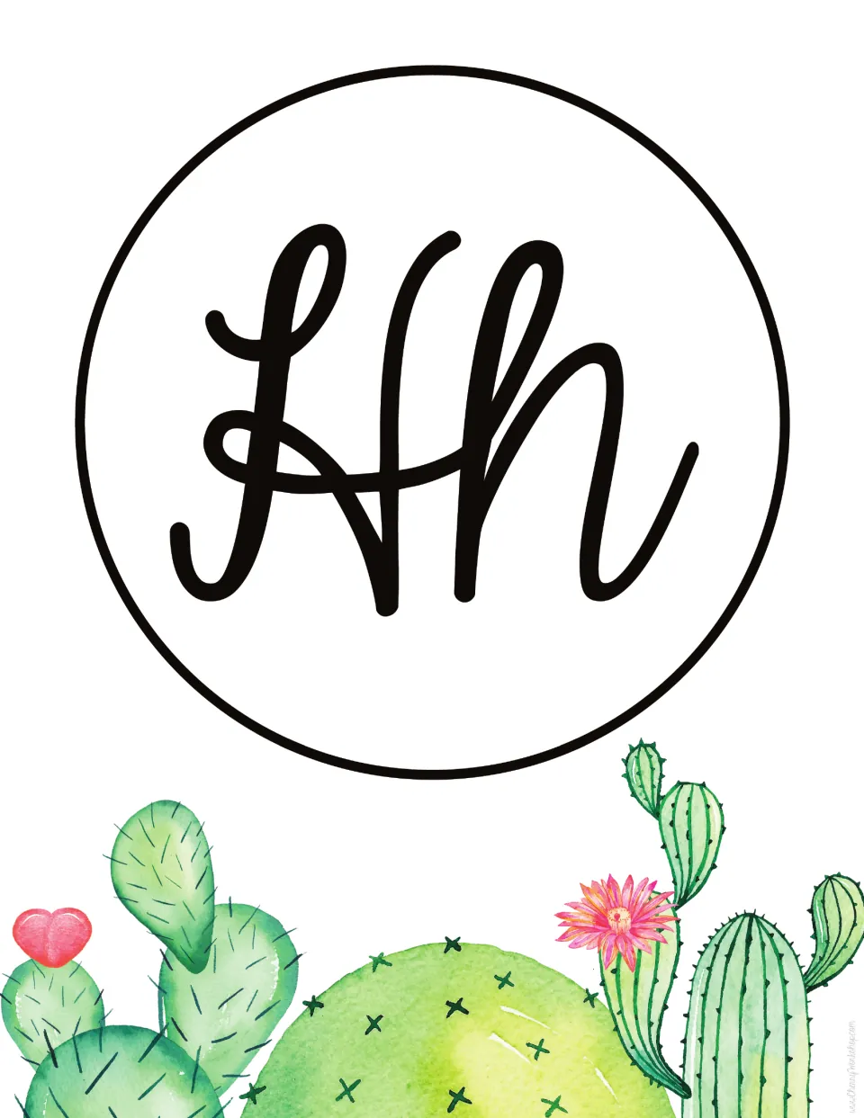 Letter H poster: black cursive Hh pairing the looped capital H with lowercase h for letter recognition, above green cacti