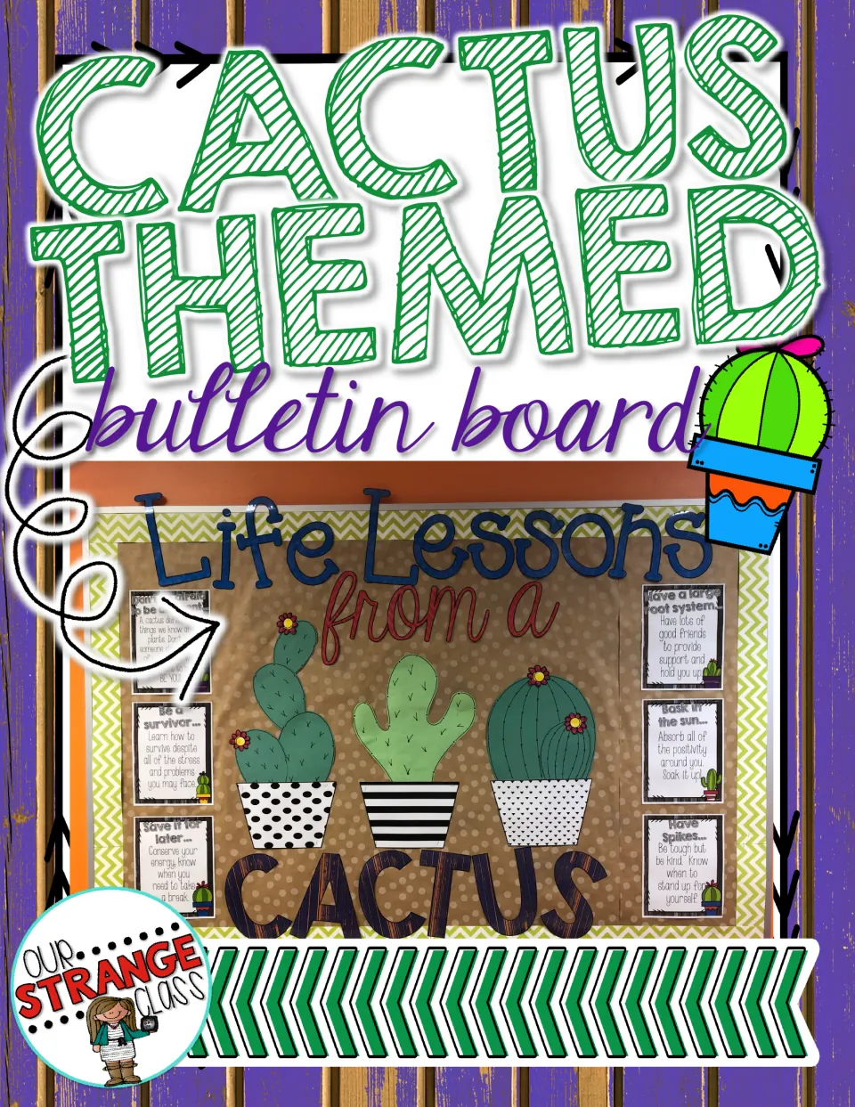 Cactus Themed Bulletin Board cover: photo of a Life Lessons from a Cactus display with three potted cacti and six cards