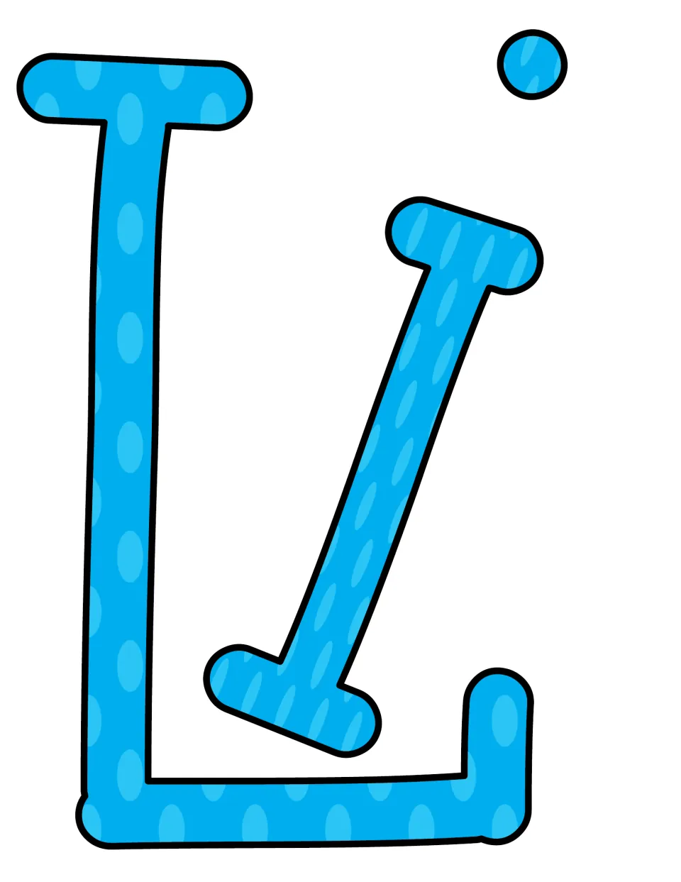 Blue polka-dot letter cut-outs L and i, with the dot of the i as a separate piece, for the Life Lessons heading