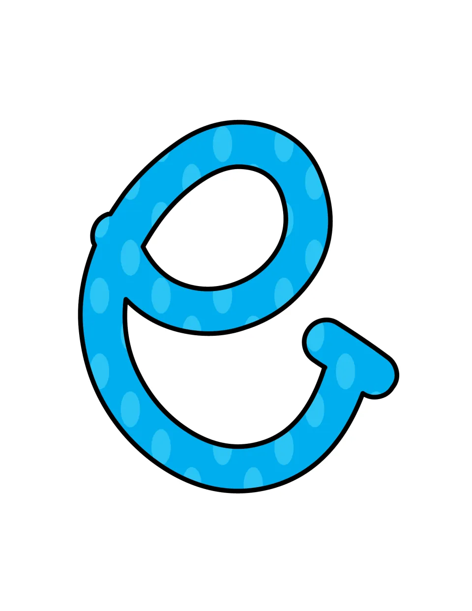 Single large lowercase e letter cut-out in blue polka-dot pattern with a black outline, part of the heading set