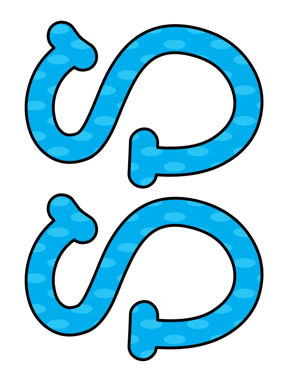 Two matching lowercase s letter cut-outs in blue polka-dot pattern, stacked on one sheet for the middle of Lessons