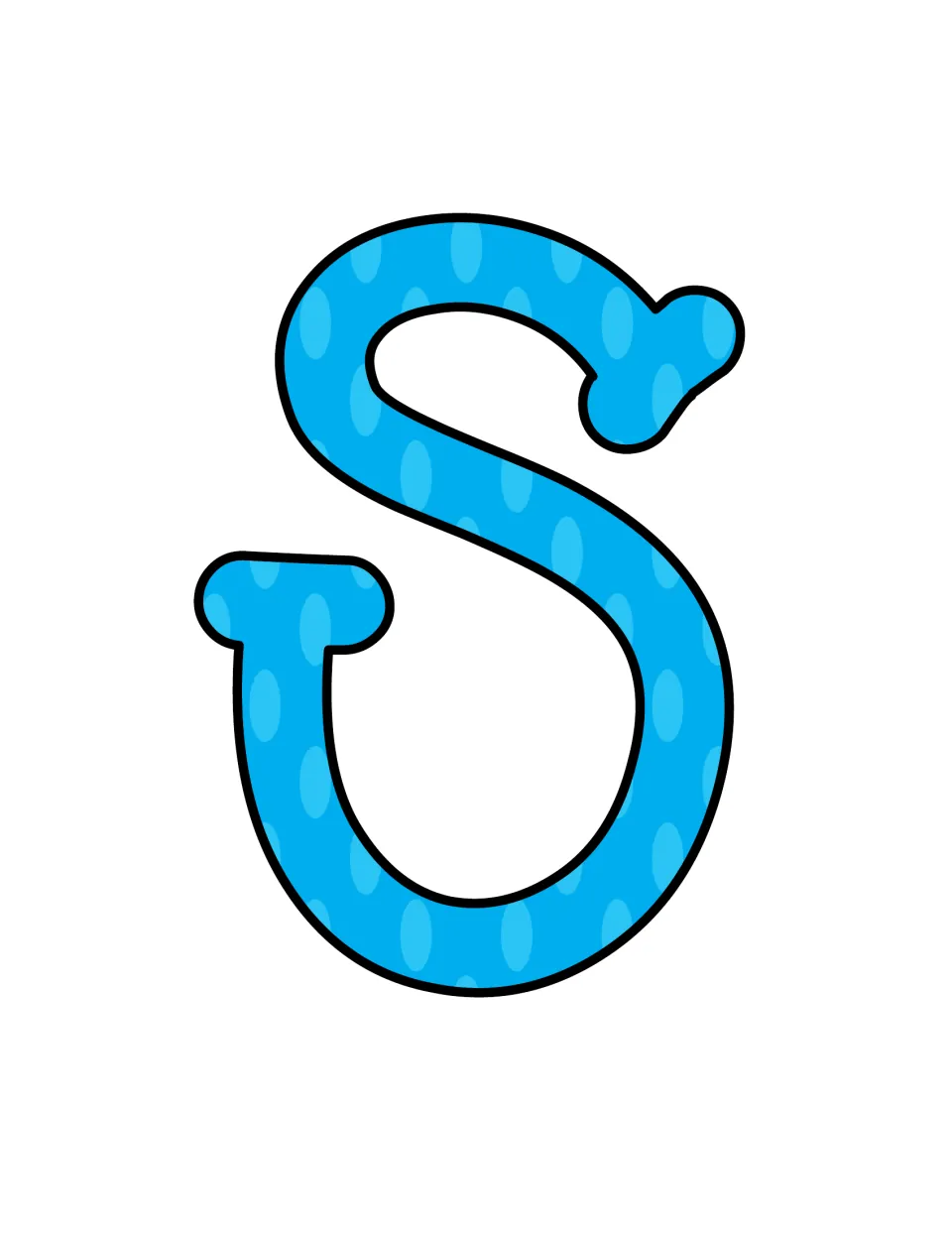 One lowercase s letter cut-out in blue polka-dot pattern with a black outline, the last letter of the word Lessons