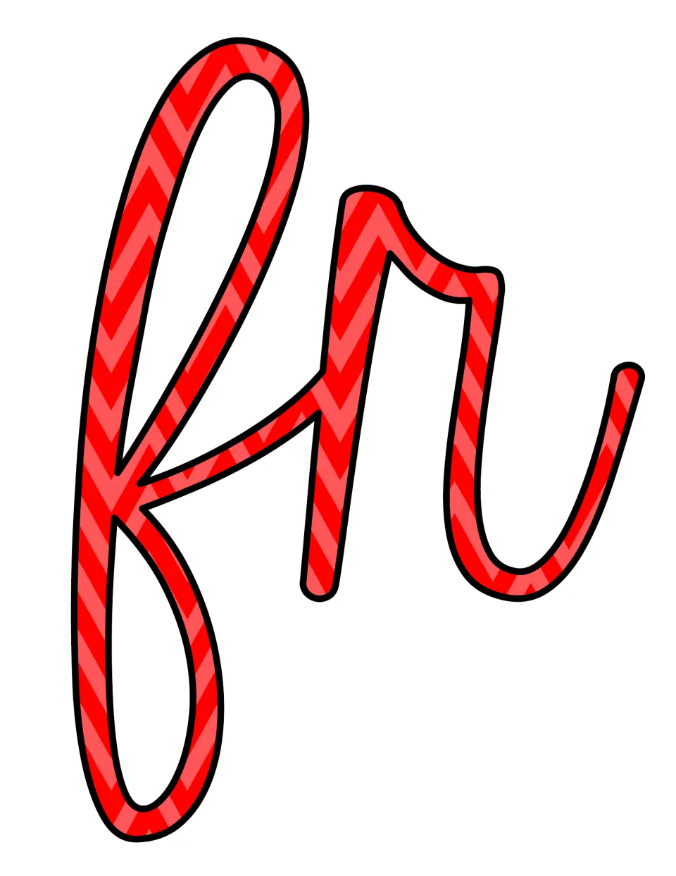 Red chevron script letter cut-outs f and r joined together, the start of the word from in the board's middle line